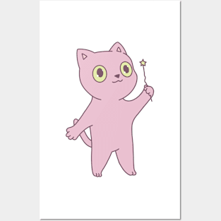 Cute pink cat illustration magic wand Posters and Art